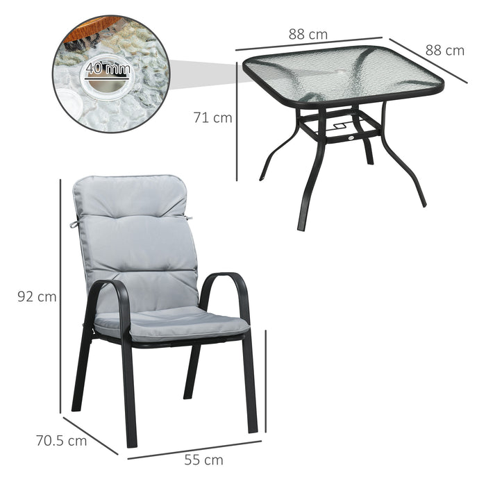 5-Piece Garden Dining Set - Outdoor Square Table with Tempered Glass Top and Umbrella Hole, 4 Cushioned Armchairs - Ideal for Patio Entertaining and Family Meals