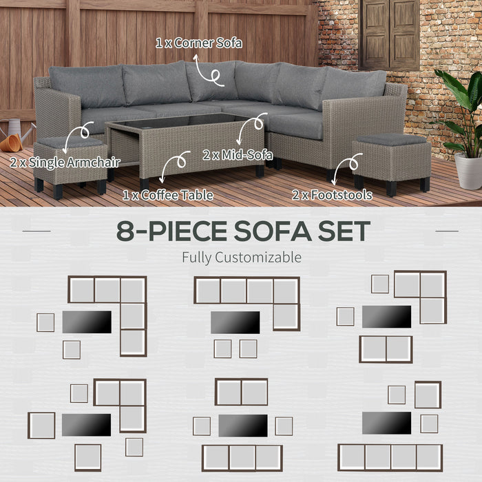 7-Seater PE Rattan Sofa Set - Wicker Garden Patio Conservatory Corner Lounge with Glass Coffee Table & Grey Cushions - Ideal for Outdoor Entertaining and Relaxation