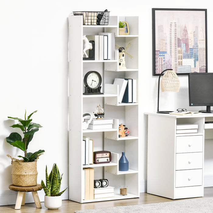 6-Tier Bookshelf - Modern White Bookcase with 11 Open Shelves for Decorative Storage - Ideal for Home Office and Study Organization