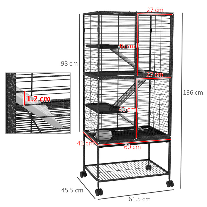 Rolling Chinchilla Cage with Accessories - Multi-Level Small Animal Habitat with 3 Access Doors, Storage Shelf & Removable Trays - Ideal for Ferrets, Includes Food Bowl & Water Bottle