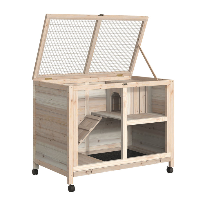 Wooden Rabbit Hutch with Wheels and Pull-Out Tray - Small Animal Enclosure for Guinea Pigs and Bunnies, Openable Roof Design - 91.5 x 53.3 x 73 cm Ideal for Pet Comfort and Easy Cleaning