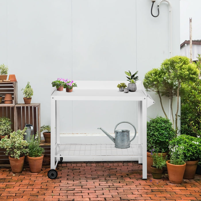 Garden Potting Bench - Outdoor Metal Workstation with Wheels & Side Hanger for Planting - Convenient Mobile Push Cart for Gardeners