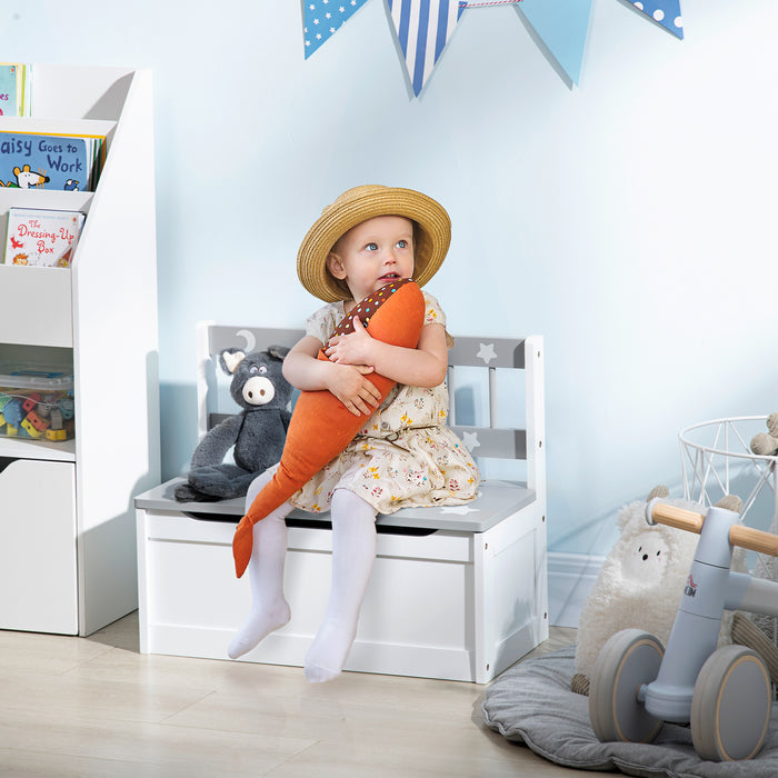 Wooden Toy Box and Bench with Safety Pneumatic Rod - Star & Moon Patterned Kid's Storage Chest in Grey - Space-Saving Solution for Children's Playrooms