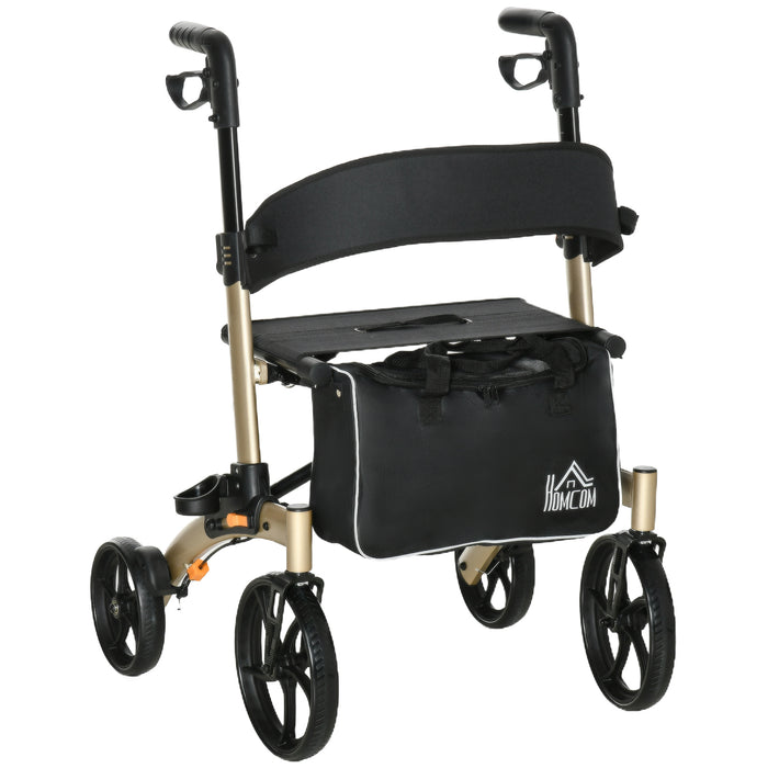 Mobility Aid Walker with Cane Holder - 4-Wheel Rollator with Adjustable Handle, Seat, and Storage Bag - Comfortable Walking Support for Seniors, Gold Aluminum Frame