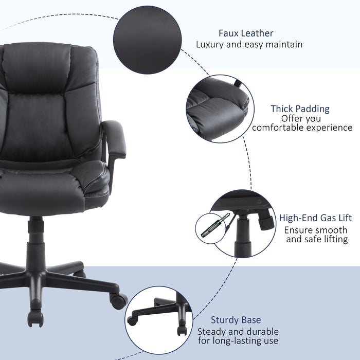 Ergonomic Swivel Mid-Back Chair - Faux Leather Executive Computer Desk Chair with Double Padding and Armrests - Ideal for Home Office Comfort and Mobility