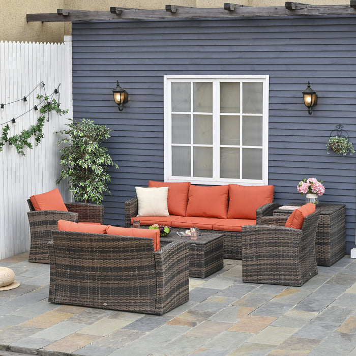 7-Seater Rattan Wicker Sofa Set - Mixed Brown Outdoor Sectional Patio Conversation Furniture with Storage Table & Cushions - Ideal for Group Gatherings and Entertaining Guests