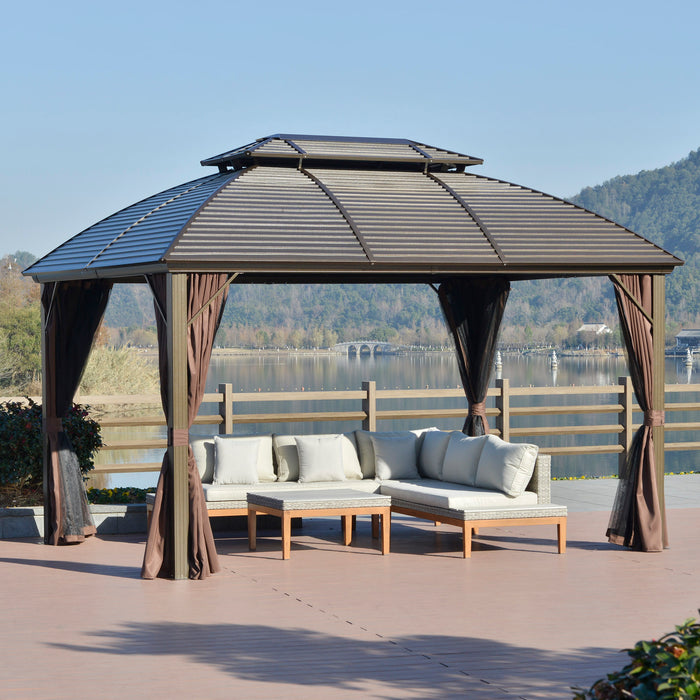 Heavy-Duty 3.65x3m Steel Gazebo with Aluminum Frame - Sturdy Double-Roof Outdoor Canopy for Patio, Brown - Ideal Pavilion for Garden Entertaining and Shelter