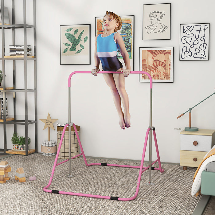 Kids Gymnastics Training Bar - Adjustable Height & Foldable Horizontal Bar in Pink - Perfect for Young Gymnasts Home Practice