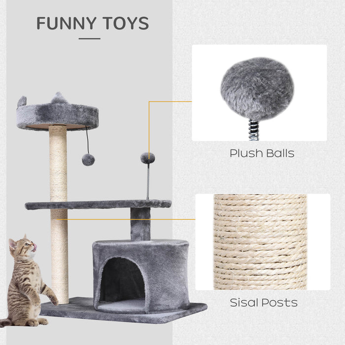 3-Tier Cat Tree with Sisal Rope Scratching Posts and Hanging Toys - Durable Grey Feline Activity Center - Ideal for Claw Maintenance and Play