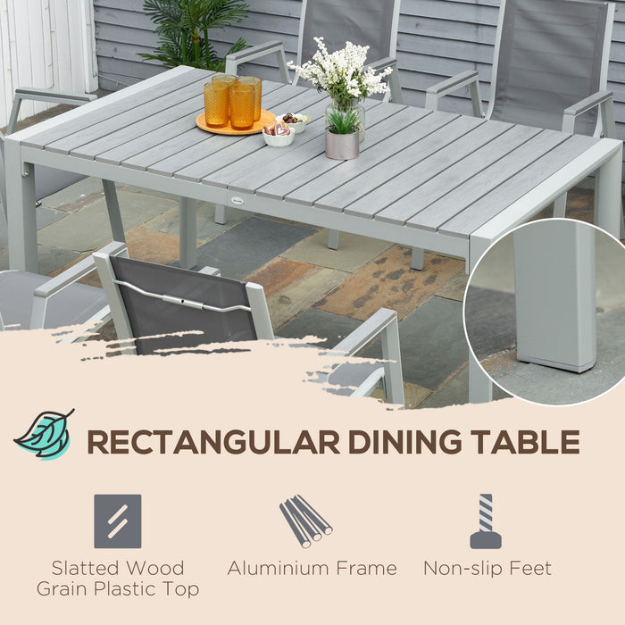 7-Piece Patio Dining Ensemble - Aluminum Frame with Wood Grain Plastic Tabletop & Mesh Fabric Armchairs in Light Grey - Ideal for Outdoor Family Dinners and Gatherings