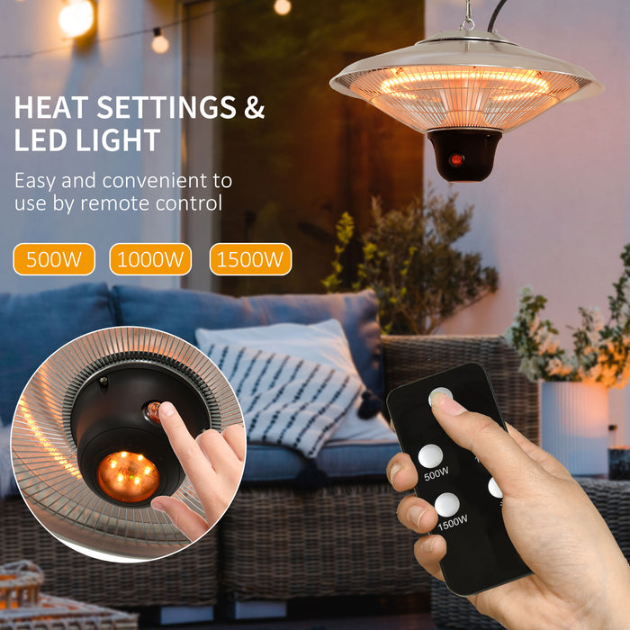 1500W Outdoor Patio Heater - Ceiling-Mounted Aluminium Halogen Heater with Remote and 3 Settings - Ideal for Warming Up Your Garden or Terrace