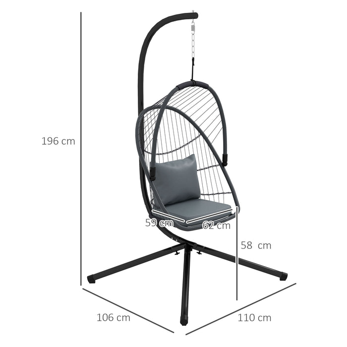 PE Rattan Swing Chair with Cushion - Foldable Patio Hanging Chair with 360° Spring Hook and Height Adjustable Chain - Ideal for Outdoor Relaxation and Comfort