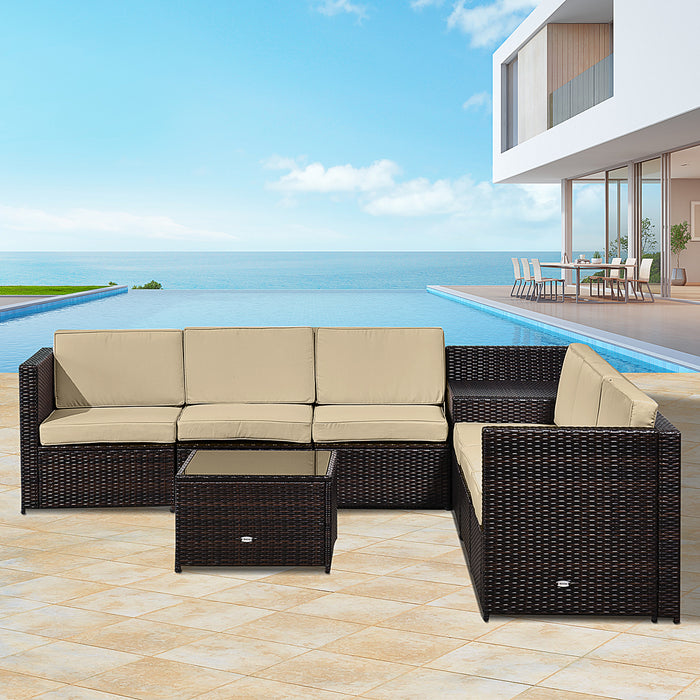 6-Seater Rattan Patio Furniture Set - Outdoor Garden Corner Sofa with Table and Cushions - Elegant Wicker Seating for Backyard Entertainment