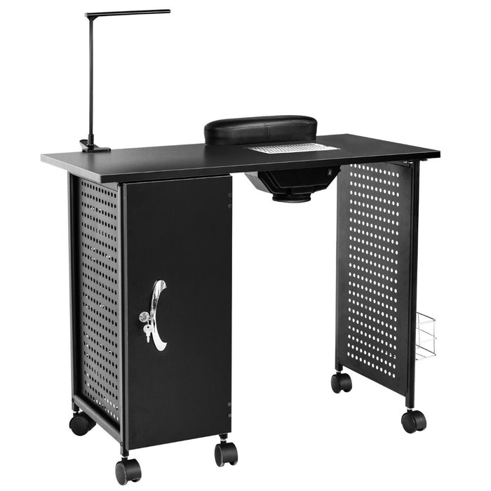 Mobile Manicure Nail Table - Featuring Electric Downdraft Vent and Adjustable LED Lamp in Sleek Black - Ideal for Professional Nail Artists and Salons
