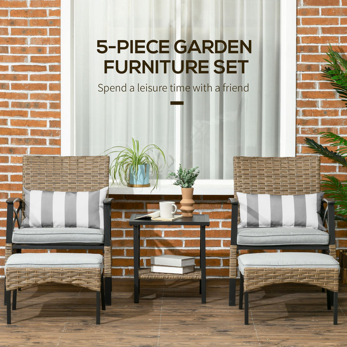 5-Piece PE Rattan Garden Set with Steel Tabletop - Includes 2 Armchairs, 2 Stools & Wicker Shelf - Comfy Padded Outdoor Seating for Patio & Backyard