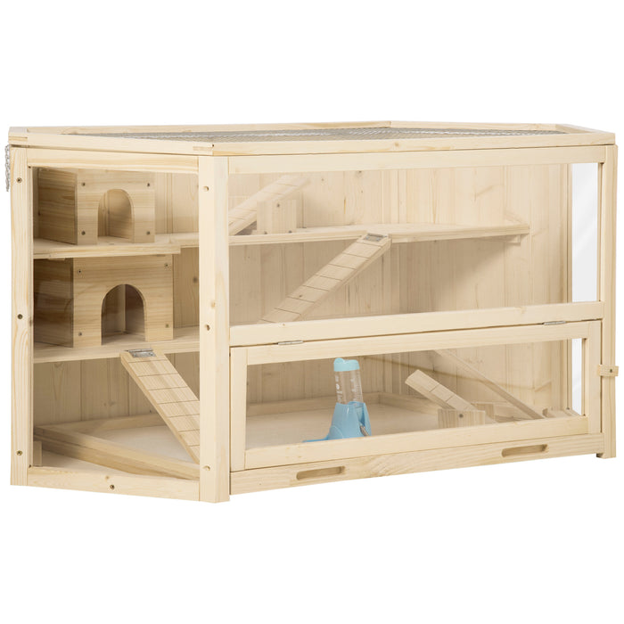 Large Wooden Hamster Habitat - 3-Tier Exercise Playhouse with Slide for Small Animals - Eco-Friendly Natural Activity Center for Mice, Rats, and Hamsters