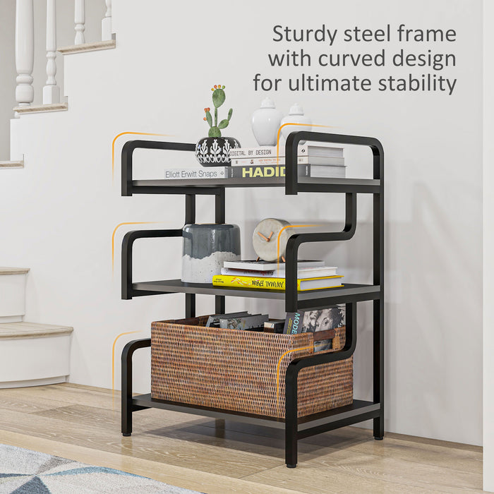 Industrial 3-Tier Storage Shelves - Sturdy Metal Shelving Unit & Printer Table - Versatile Display Rack for Home Office and Living Room Decor, Black