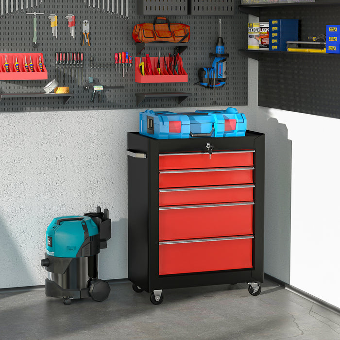 Heavy-Duty 5-Drawer Tool Chest - Portable Lockable Steel Storage Cabinet with Wheels & Handle - Ideal for Garage and Workshop Organization