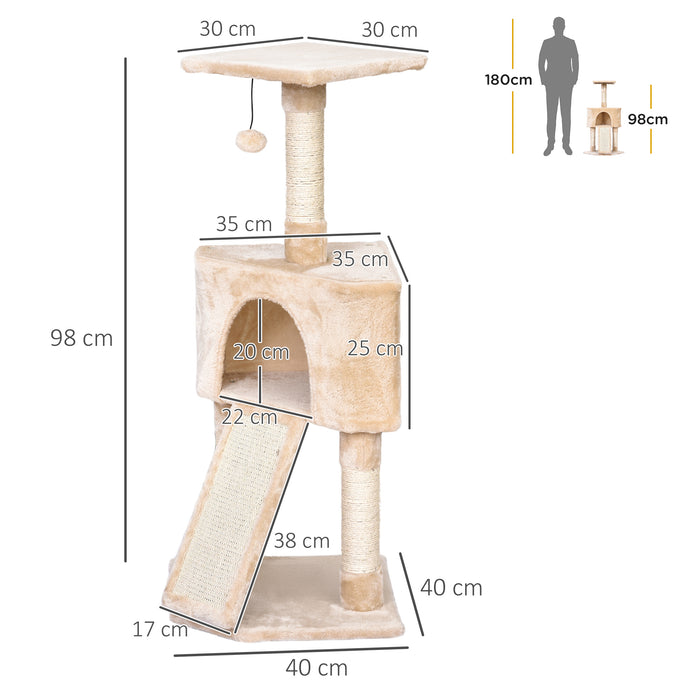 3-Tier Sisal Rope Cat Scratching Post with Dangling Toy - Beige Multi-Level Cat Scratcher - Ideal for Play and Claw Health Maintenance