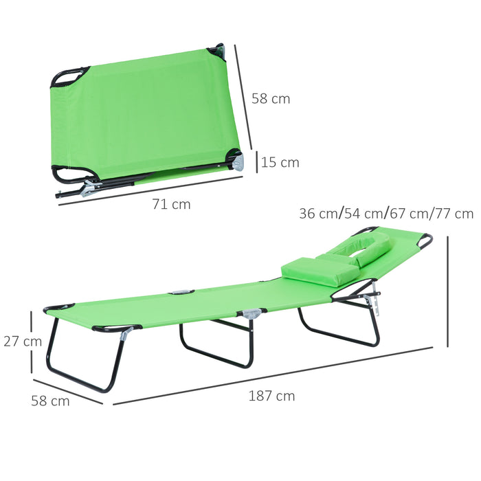 Foldable Sun Lounger with Pillow - Reclining Chair with Reading Hole for Beach & Garden - Adjustable Outdoor Recliner in Green for Relaxation