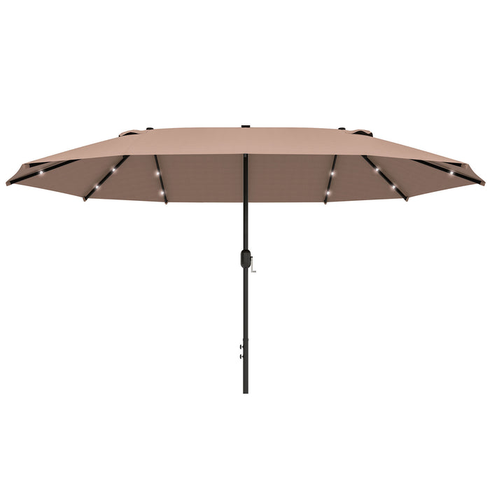 Large 4.4m Double-Sided Garden Parasol - Outdoor Patio Sun Shade with Solar-Powered LED Lights, Khaki - Ideal for Backyard Entertainment and Relaxation