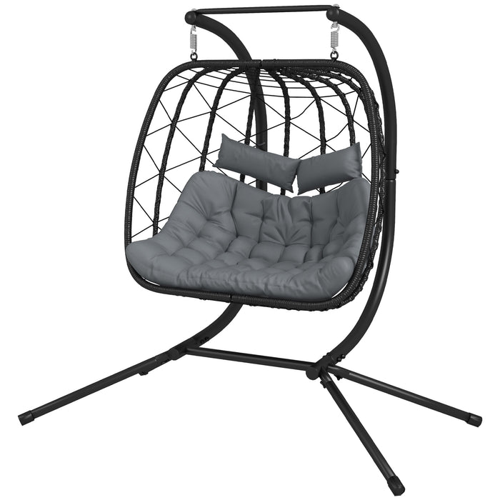 PE Rattan Outdoor Double Swing Chair with Metal Stand - Thick Padded Cushion and Headrest for Ultimate Comfort - Ideal Patio Hanging Seat for Couples or Friends