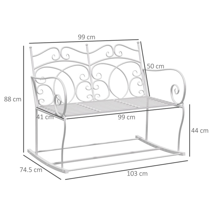 2-Person Patio Rocking Bench - Steel Frame Outdoor Loveseat with Ornate Backrest - Ideal for Garden or Porch Relaxation in Classic White