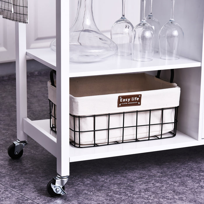 Kitchen Storage Trolley with Wheels - Rolling Cart with Shelves, Drawers, Towel Rail, and Wine Glass Rack - White Island Cupboard with Pine Wood Worktop for Space-Saving Organization