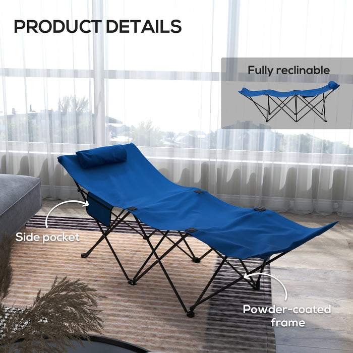 Foldable Sun Lounger with Pocket and Headrest - Oxford Seat Tanning Chair for Outdoor Relaxation - Ideal for Beach, Yard, Patio Use in Dark Blue