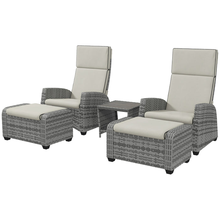 5-Piece Rattan Patio Set - Reclining Chairs with Footstools & Coffee Table, Grey Cushions - Ideal for Outdoor Garden Relaxation