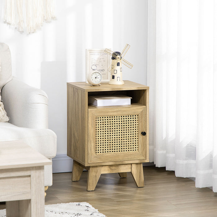 Rattan-Inspired Bedside Table - Compact Side End Table with Storage Shelf and Cupboard - Space-Saving Design for Bedroom Comfort