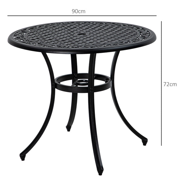 Elegant Cast Aluminium 90cm Round Garden Dining Table - Features Parasol Hole for Shaded Outdoor Meals - Perfect for Balcony Seating 2-4, Black Finish