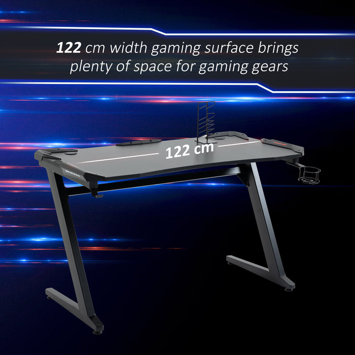 Ergonomic Gaming Desk - Home Office Workstation with Headphone Hook and Cup Holder, 122 x 66 x 86cm - Ideal for Gamers and Streamers, Black