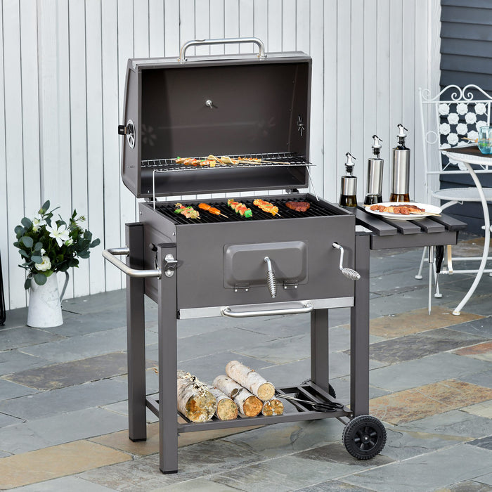 Outdoor Charcoal Grill BBQ Trolley with Smoker - Backyard Garden Cooking Station with Side Shelf, Table, & Wheels - Built-in Thermometer for Perfect Grilling Temp Control