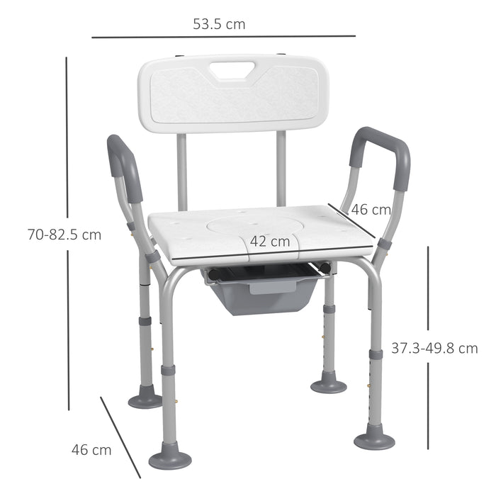 Ergonomic Shower Chair with Adjustable Height – Comfortable Bath Stool with Backrest and Arm Supports, Non-Slip Legs – Safe Bathroom Solution for Seniors with Detachable Commode Bucket