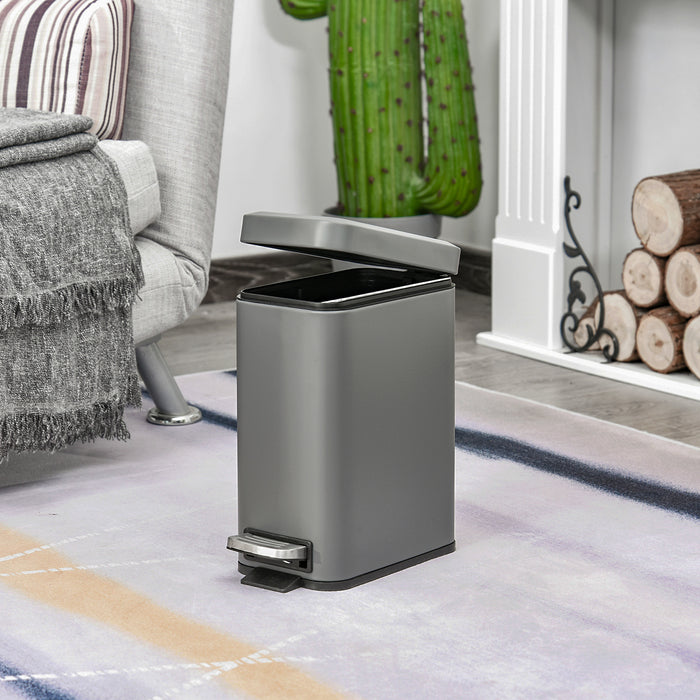 5L Rectangular Compact Bin with Pedal Lid - Steel Body and Removable Bucket, Quiet-Close Lid - Ideal for Tidy Waste Disposal in Home or Office