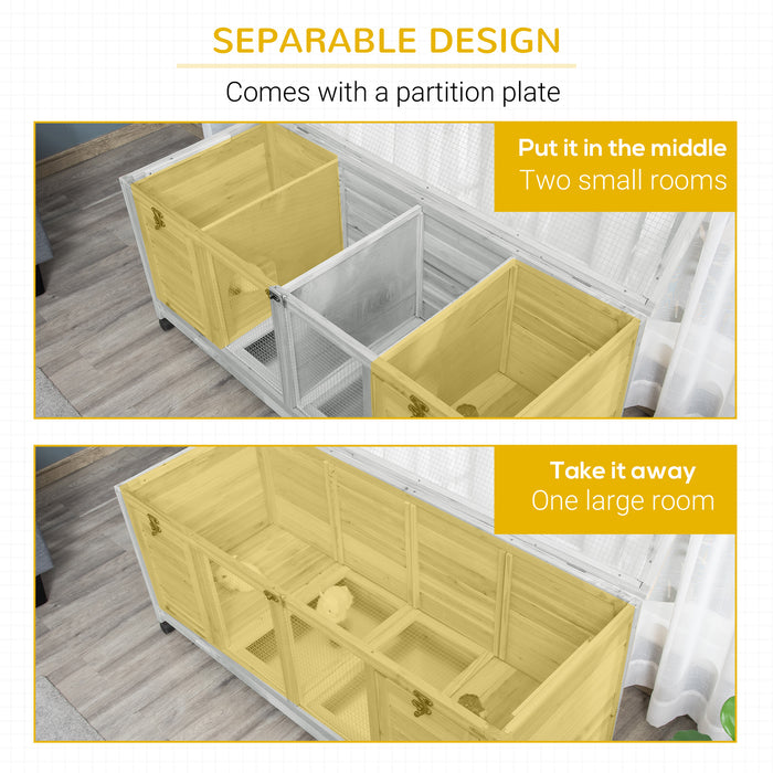 Mobile Wooden Rabbit Hutch with Detachable Bunny Run - Wheeled Guinea Pig Cage with Slide-out Tray, 138x53x61cm - Ideal for Small Pet Shelter & Easy Mobility in Light Grey