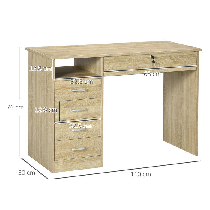 Oak-Finished Computer Desk - Home Office Workstation with Lockable Drawer and Storage Shelf - Ideal for Study and Bedroom Use