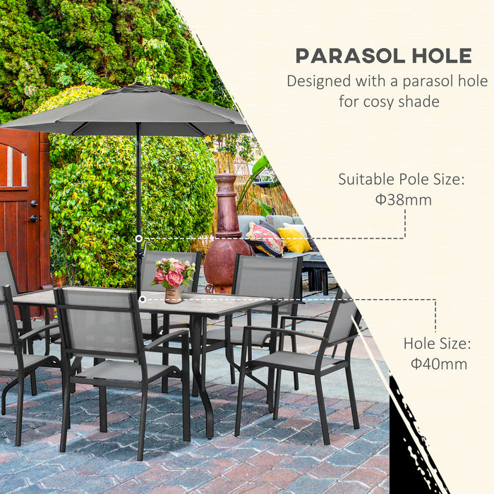 7 Piece Garden Dining Set - Outdoor Patio Furniture with Armchairs, Parasol Hole Table, Texteline Seats - Perfect 6 Seater Set for Backyard Comfort, Grey