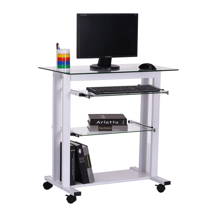 Mobile Glass Computer Desk - Wheeled Laptop Workstation with Sleek White Finish - Ideal for Home Office and Small Spaces