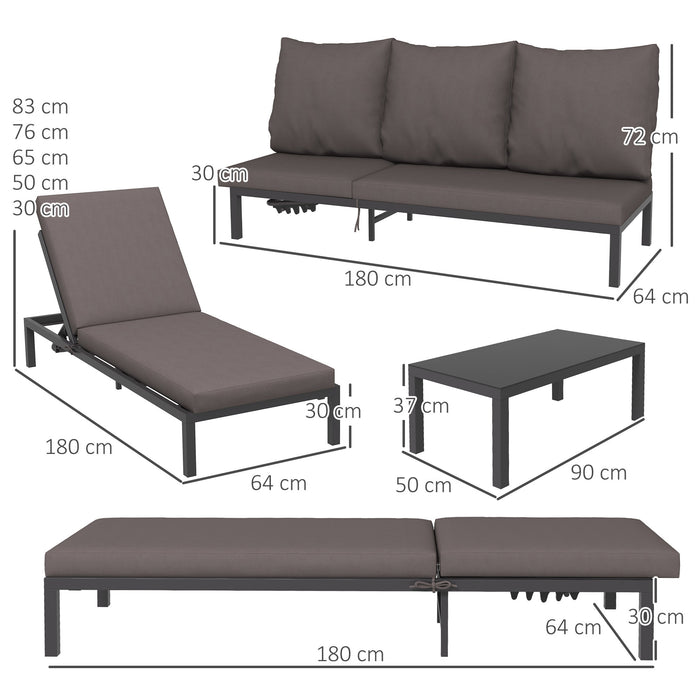 Garden Sun Loungers Set with Cushions - 5-Level Adjustable Reclining Beds & Glass Top Table Combo - Ideal for Patio Relaxation and Entertaining