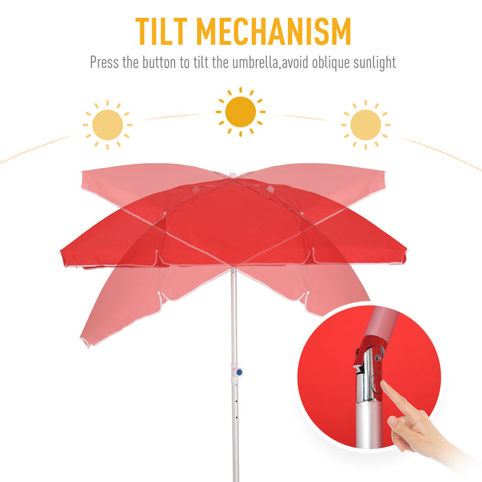 Arced Beach Umbrella 1.9m with 3-Angle Canopy - Aluminium Frame, Pointed Spike, Carry Bag - Outdoor Sun Shelter for Patio and Beach Safety, Red Color