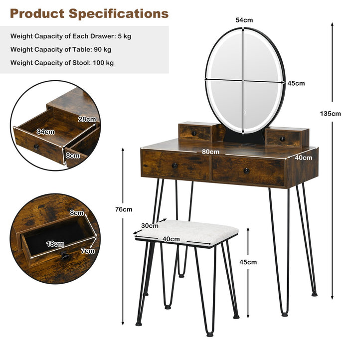 Rustic Brown Vanity Table Set - Features 3-Color Lighted Dimmable Mirror - Perfect for Dressing and Makeup Needs