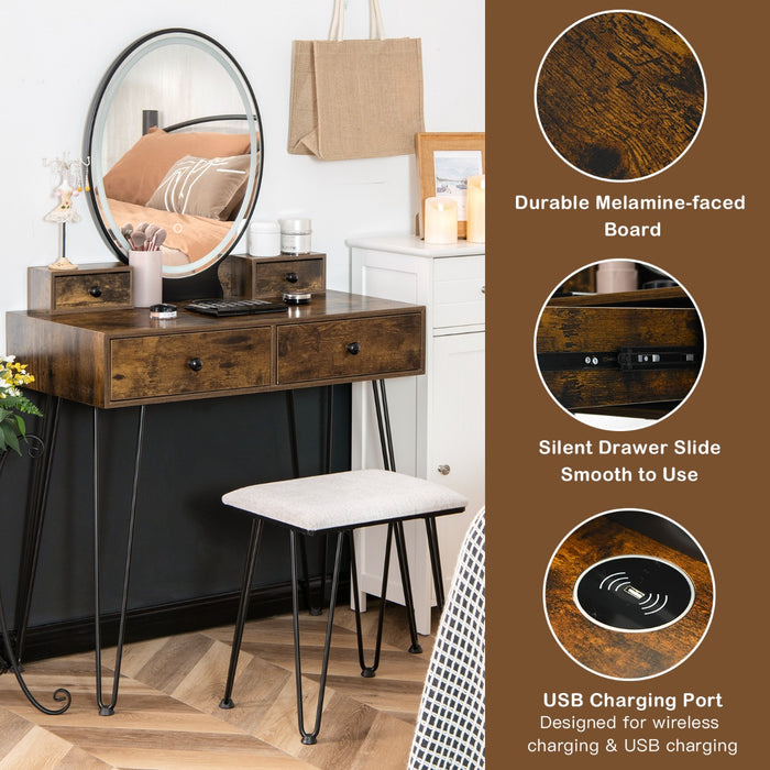 Rustic Brown Vanity Table Set - Features 3-Color Lighted Dimmable Mirror - Perfect for Dressing and Makeup Needs