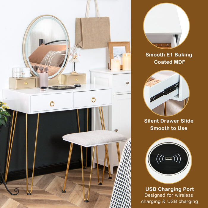 Rustic Brown Vanity Table Set - Features 3-Color Lighted Dimmable Mirror - Perfect for Dressing and Makeup Needs