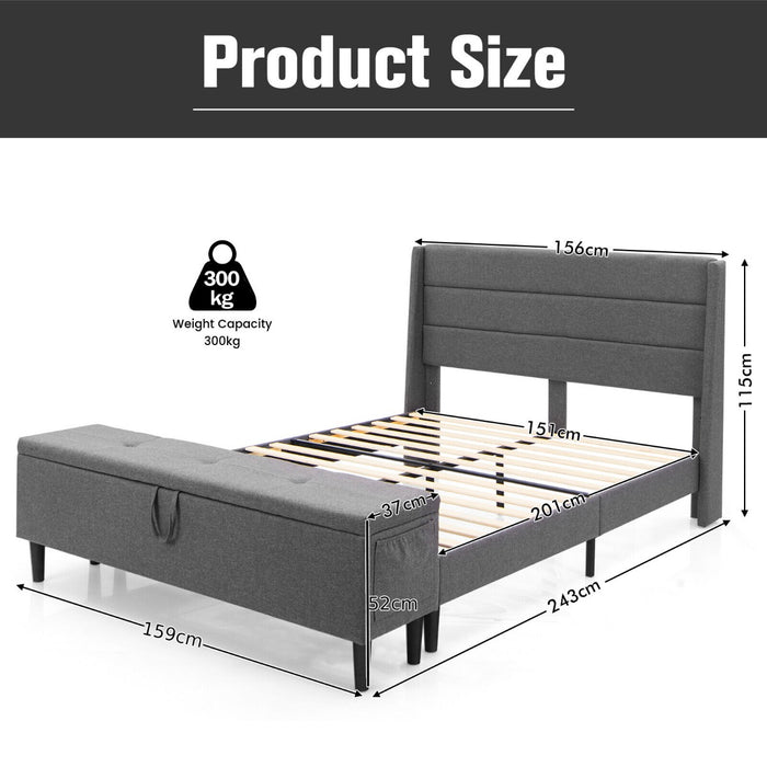 Double Bed Frame and Ottoman Bench Upholstery - Spacious Sleep and Storage Solution - Ideal for Compact Living Spaces, Grey Finish