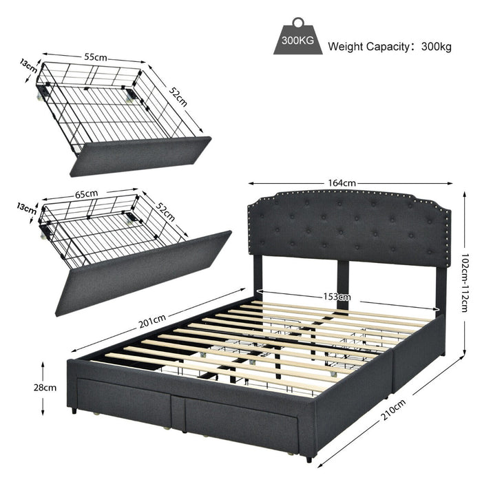 Double Bed Frame with Upholstery - Features 4 Storage Drawers and Adjustable Headboard, Size: 197 x 150 cm - Ideal for Space-Conscious Bedroom Owners