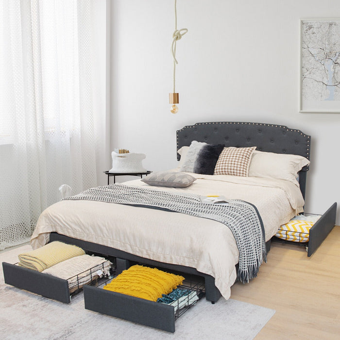 Double Bed Frame with Upholstery - Features 4 Storage Drawers and Adjustable Headboard, Size: 197 x 150 cm - Ideal for Space-Conscious Bedroom Owners