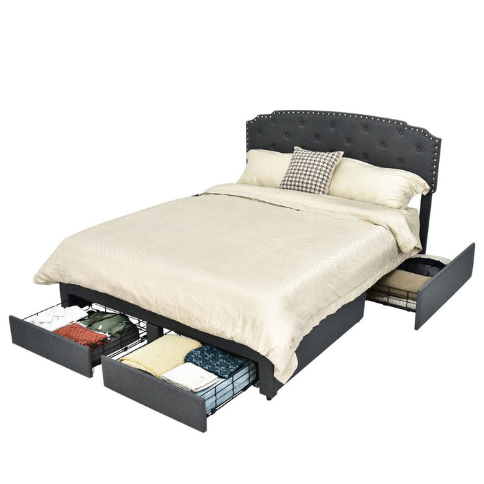 Double Bed Frame with Upholstery - Features 4 Storage Drawers and Adjustable Headboard, Size: 197 x 150 cm - Ideal for Space-Conscious Bedroom Owners