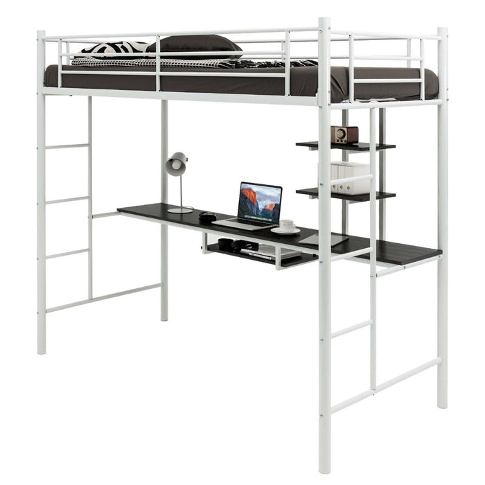 High Sleeper Metal Bunk Bed Frame - With Desk and Storage Shelves, Silver Accommodation - Perfect for Kids, Saving Space Solution